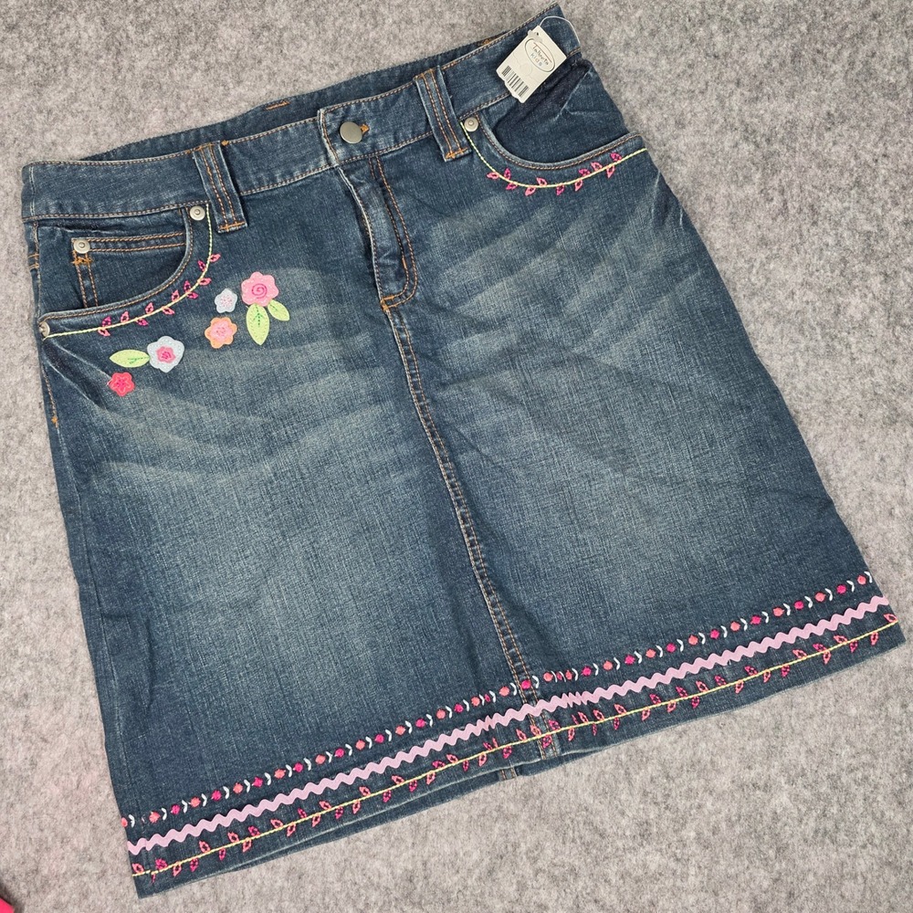 Vintage Talbots Denim Skirt Girls 16 Jean Floral Embroidered Ric-Rac Stretch NEW